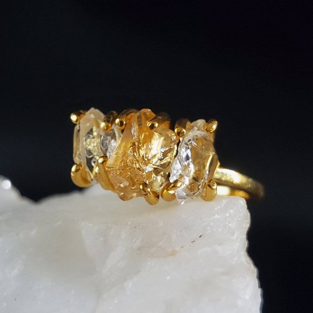 Sterling Silver 925/14K Gold Plated Bohemian Ring Raw Genuine Raw Citrine